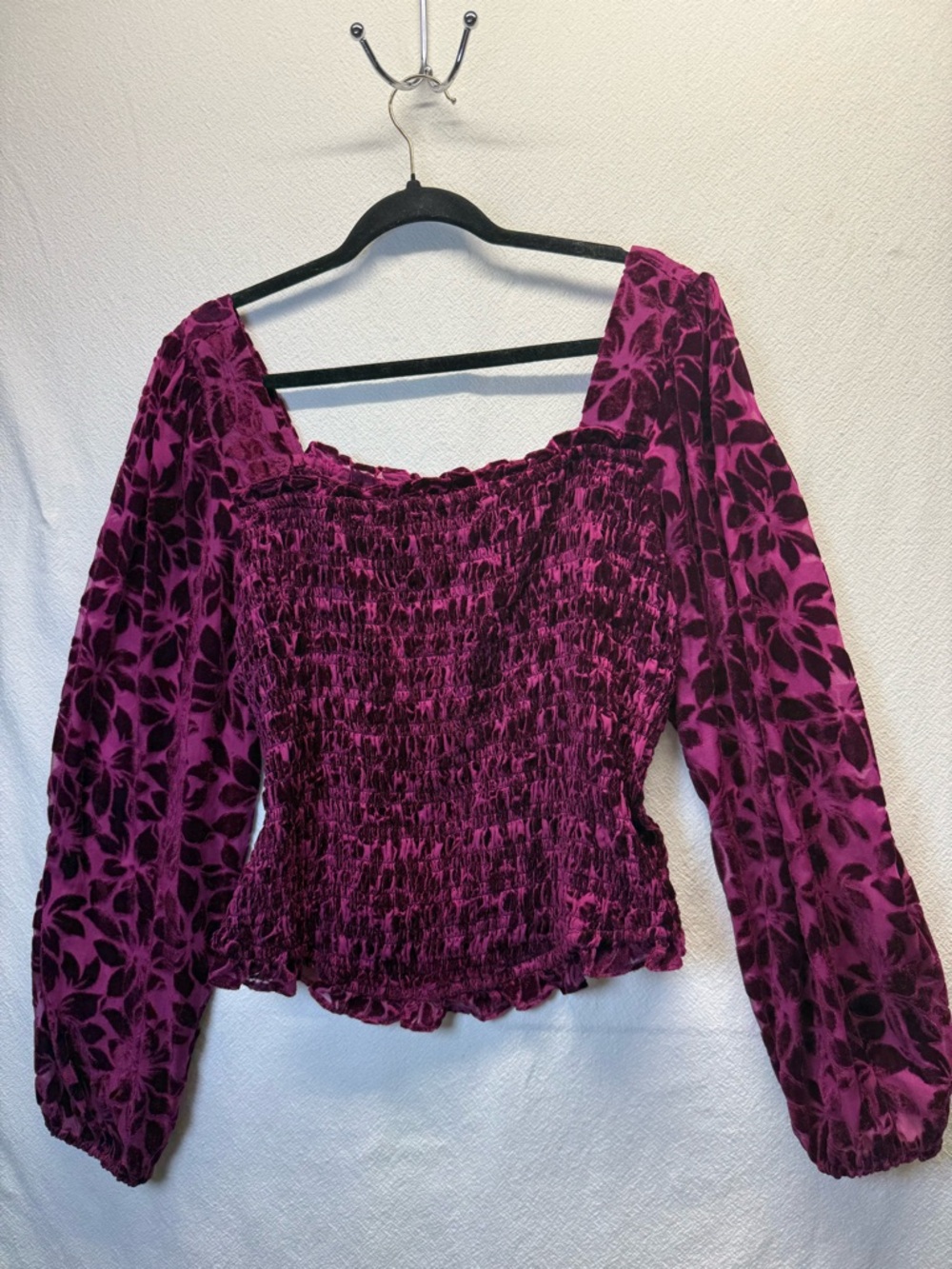 Dark Fairy Merlot Floral Burnout Velvet Torrid Shirt Puffy Sleeves Smocked Body